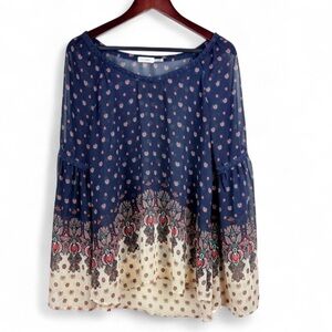 Blu Pepper Bohemian Indie Fairy Whimsy Hippie Navy Patterned Blouse Shirt Large